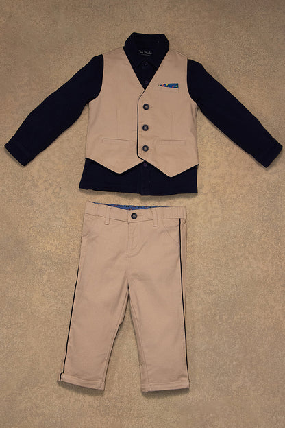 Baby Boys Beige Solid Waistcoat T-Shirt With Trouser
