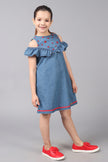 One Friday Kids Girls Indigo Denim Embroidered Dress With Frill Detail
