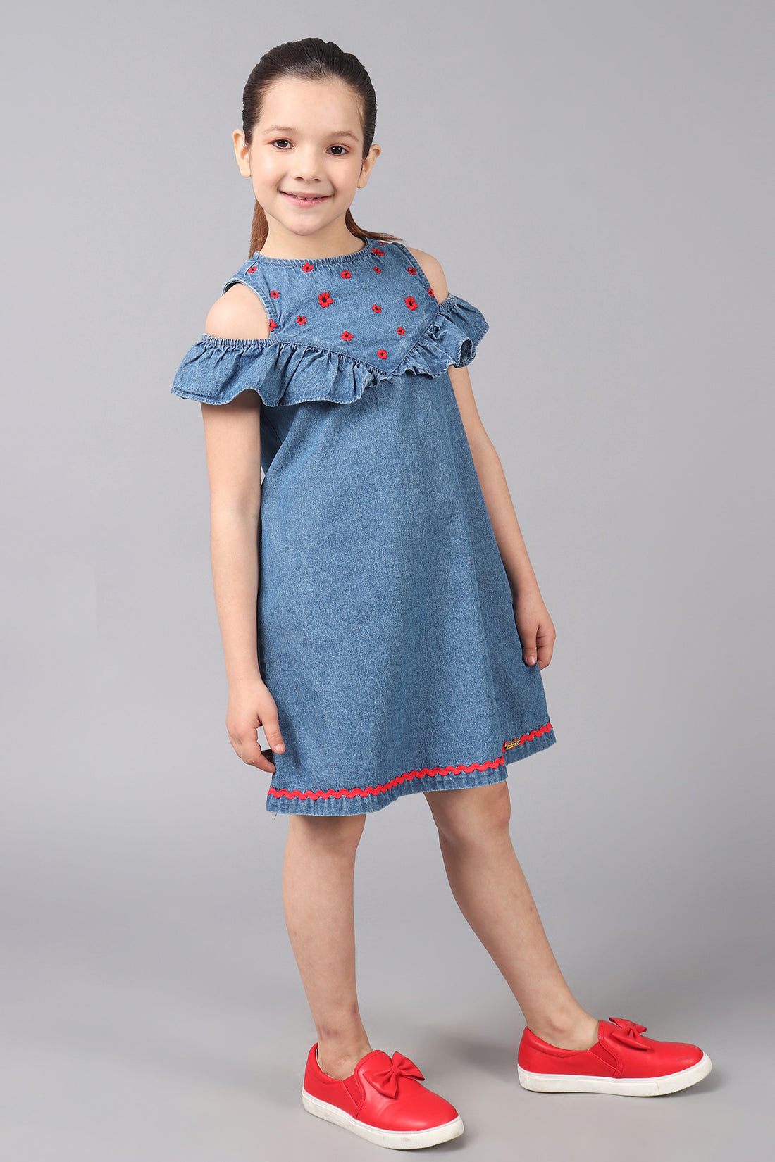 One Friday Kids Girls Indigo Denim Embroidered Dress With Frill Detail