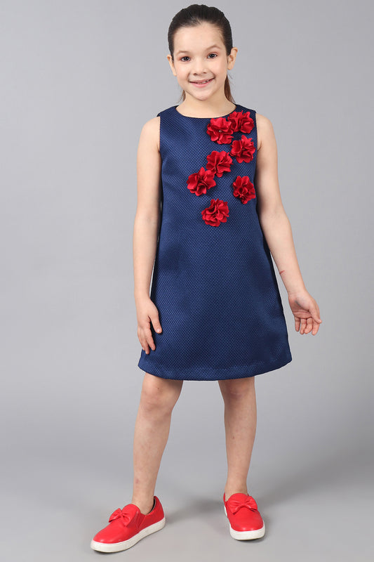 Kids Girls Navy Blue Sleeveless Top With Flowers Applique