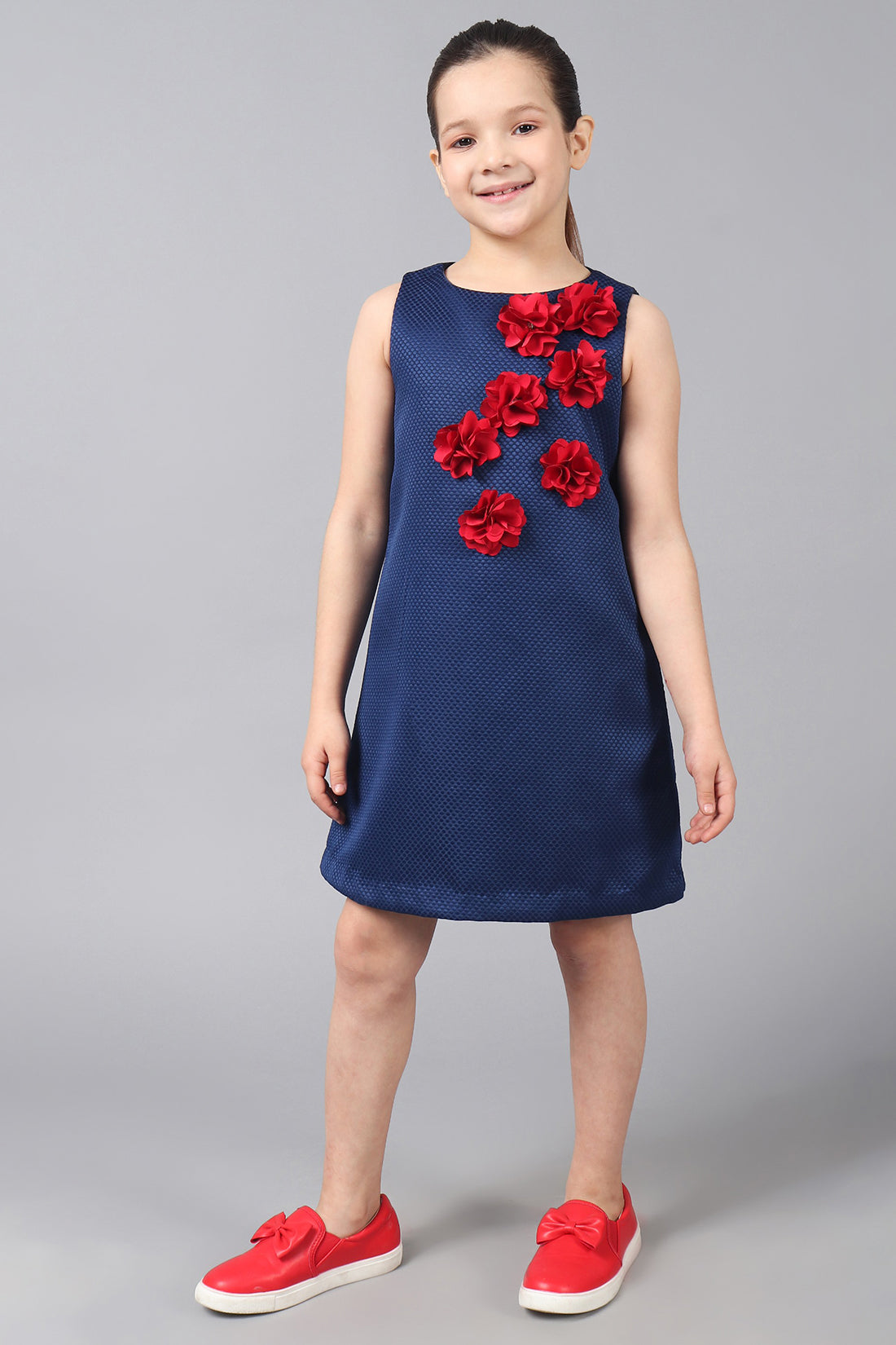 One Friday Kids Girls Navy Blue Sleeveless Dress With Flowers Applique