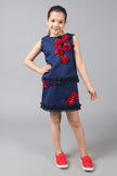 One Friday Kids Girls Navy Blue Round Neck Top With 3D Flowers and Frill Detail