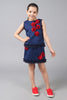One Friday Kids Girls Navy Blue Round Neck Top With 3D Flowers and Frill Detail