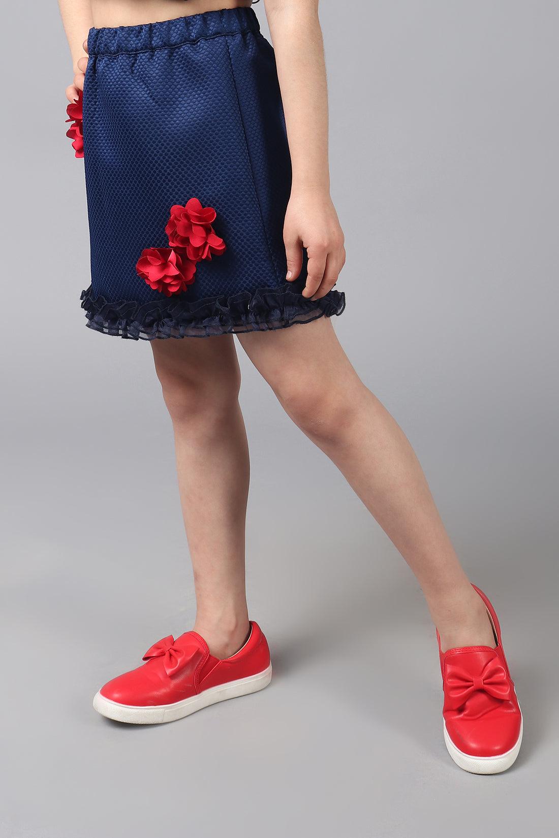One Friday Kids Girls Navy Blue skirt with elasticated waistband & Embellished flowers
