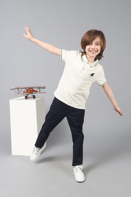 Kids Boys White Stretchable Polo Tee with Embroidery