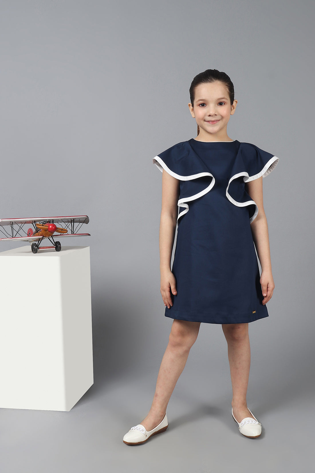 One Friday Kids Girls Navy Blue Straight Fit Dress with Ruffle Sleeves