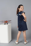One Friday Kids Girls Navy Blue Straight Fit Dress with Ruffle Sleeves