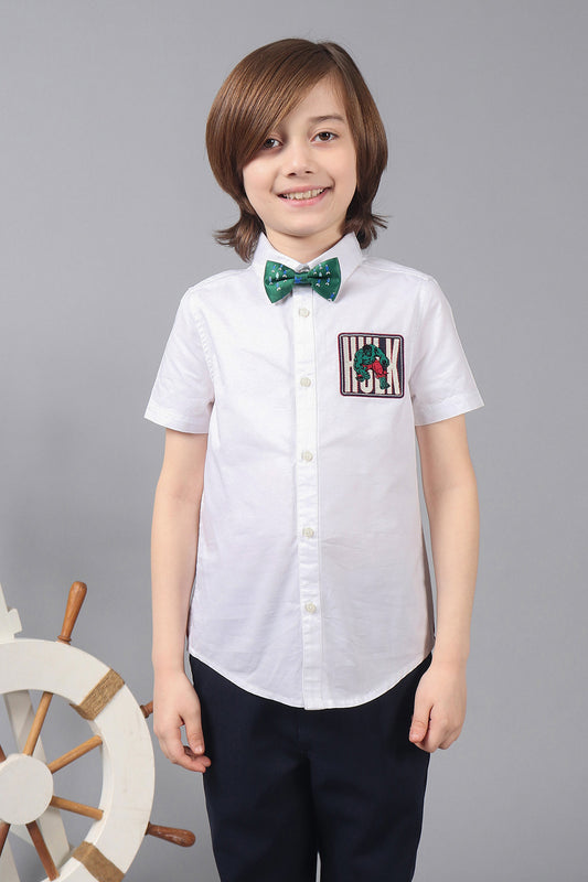 Kids Boys 100% Cotton White Short Sleeve Shirt With Marvel Embroidery