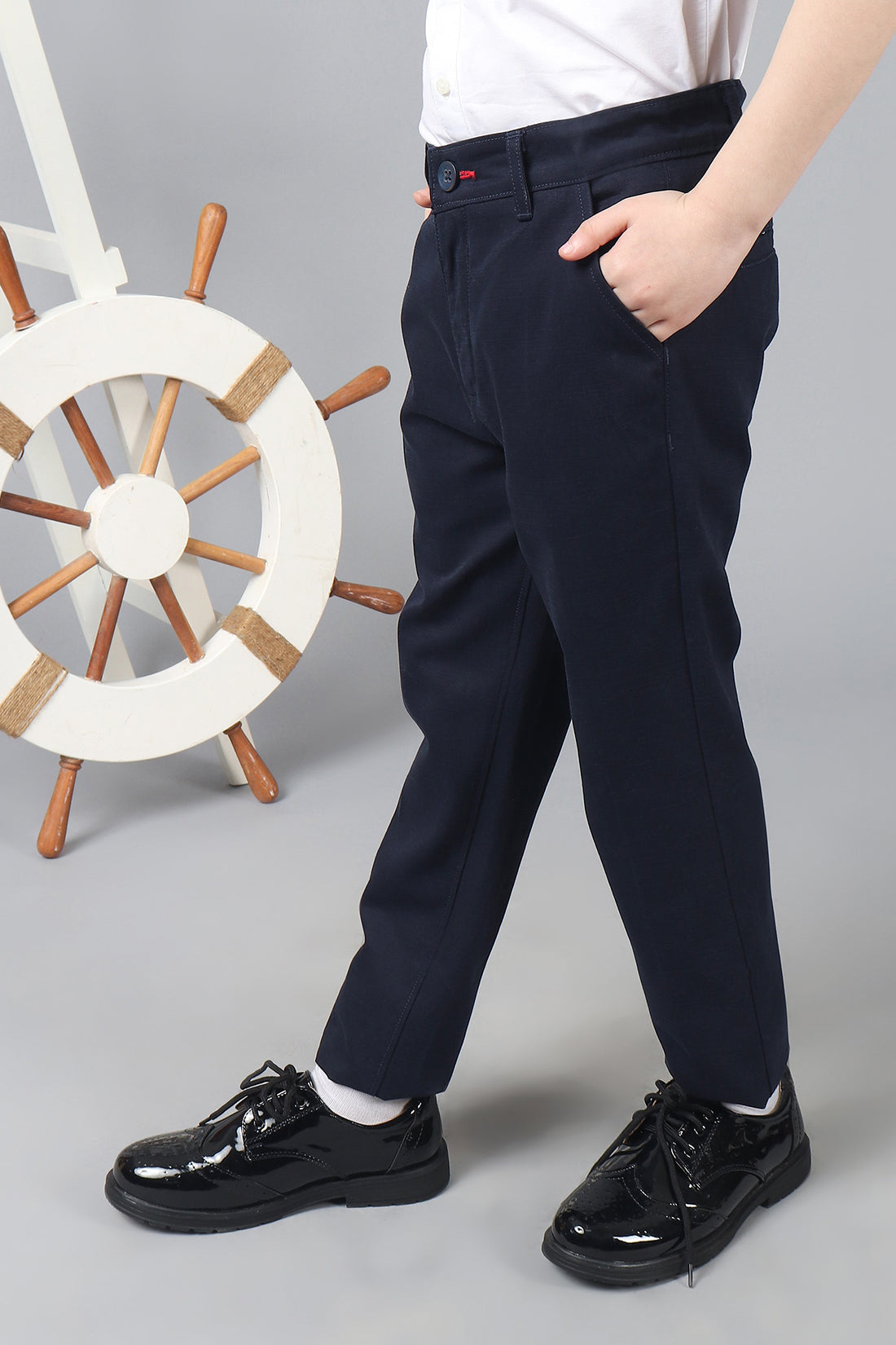 One Friday Kids Boys 100% Cotton Navy Trouser With Back Embroidery