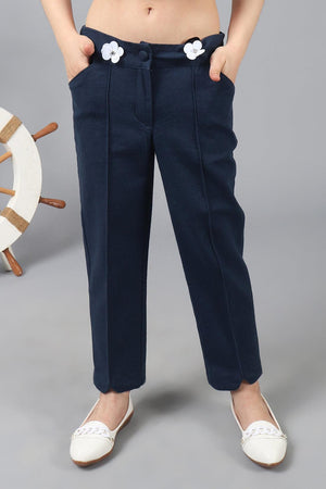 One Friday Kids Girls 100% Cotton Navy Blue Pants With Front Pocket and Embellishments - One Friday World