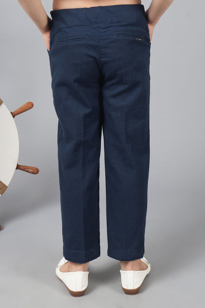 One Friday Kids Girls 100% Cotton Navy Blue Pants With Front Pocket and Embellishments - One Friday World