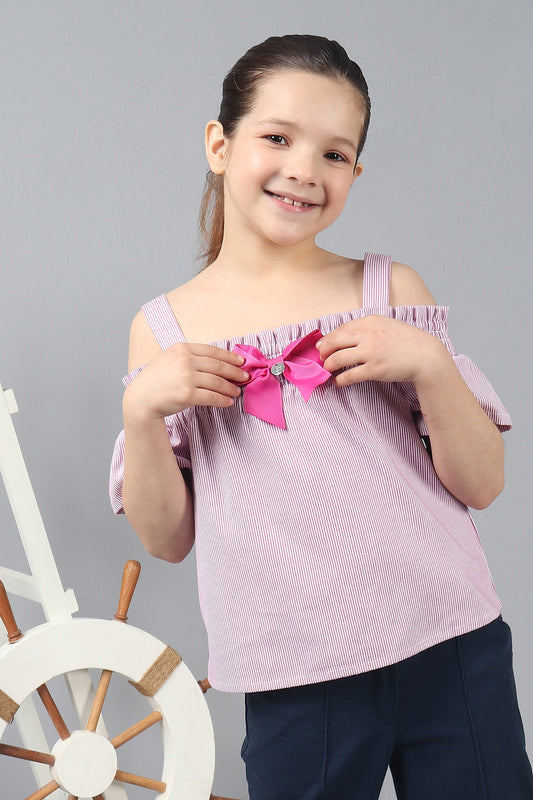 Kids Girls Pink Cotton Stripe Ruffle Sleeves Smocked Top