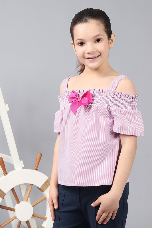 Kids Girls Pink Cotton Stripe Ruffle Sleeves Smocked Top