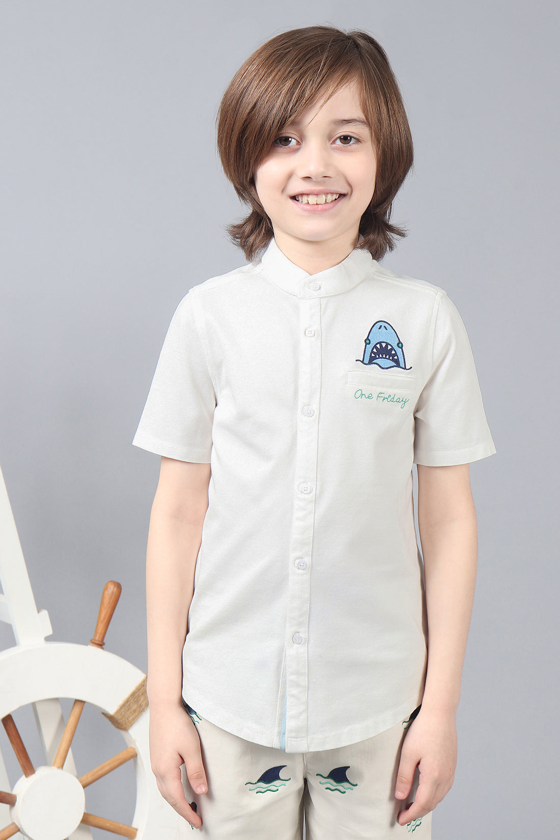 One Friday Kids Boys White Embroidered Chinese Collar Knit Short Sleeve Shirt