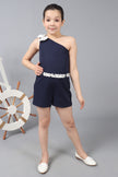 One Friday Kids Girls Navy Blue single-Shoulder Jumpsuit With Bow
