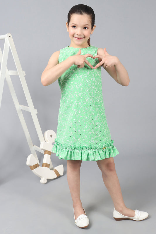 Kids Green Embroidered Round Neck Sleeveless Dress With Frills