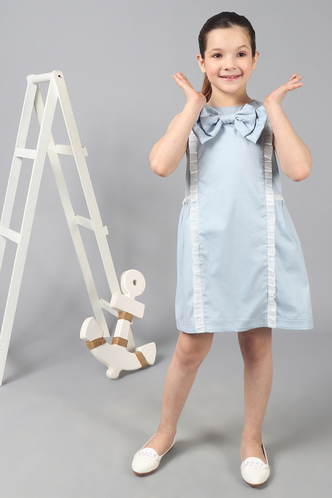 One Friday Kids Girls blue cotton Sleeveless Dress with frills & Bow
