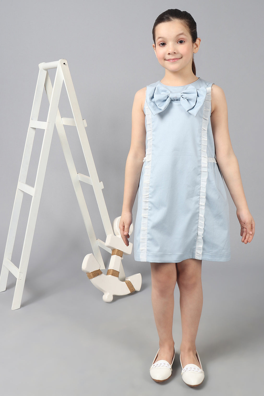 One Friday Kids Girls blue cotton Sleeveless Dress with frills & Bow