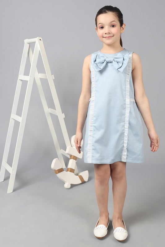 Kids Girls blue cotton Sleeveless Dress with frills & Bow