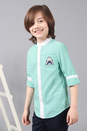 One Friday Kids Boys 100% Cotton Band collar Full Sleeves Embroidered Shirt