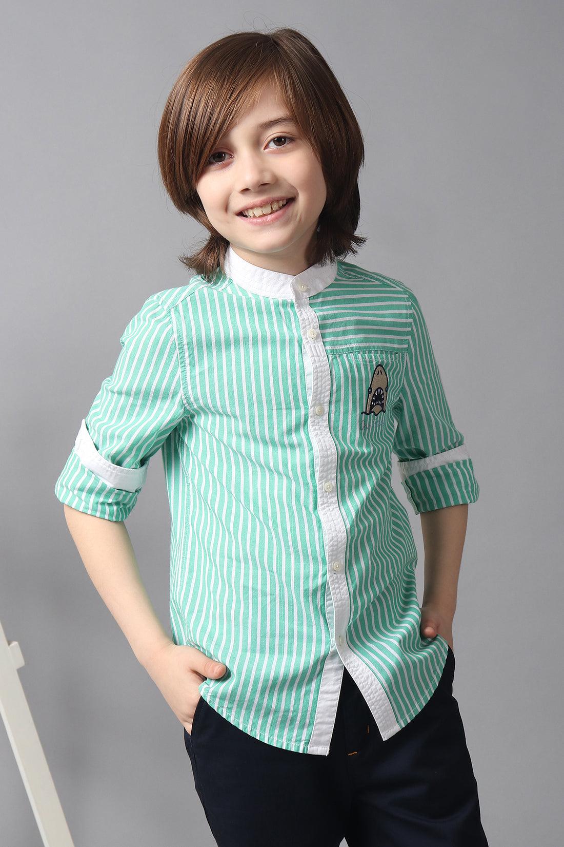 One Friday Kids Boys 100% Cotton Band collar Full Sleeves Embroidered Shirt
