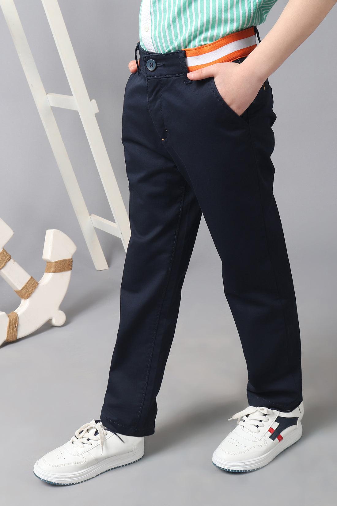 One Friday Kids Boys Navy Blue Striped Waistline Trouser