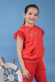 One Friday Kids Girls Red Cotton Hooded Neckline Top With Placement Print