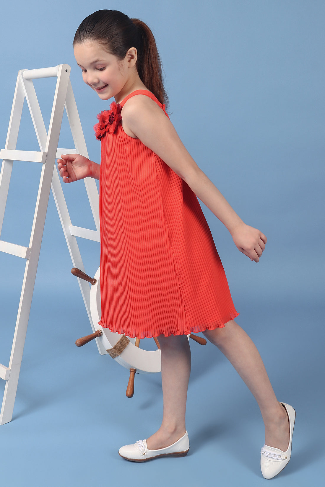One Friday Kids Girls Orange A Line Pleated Dress With Embellished Flowers