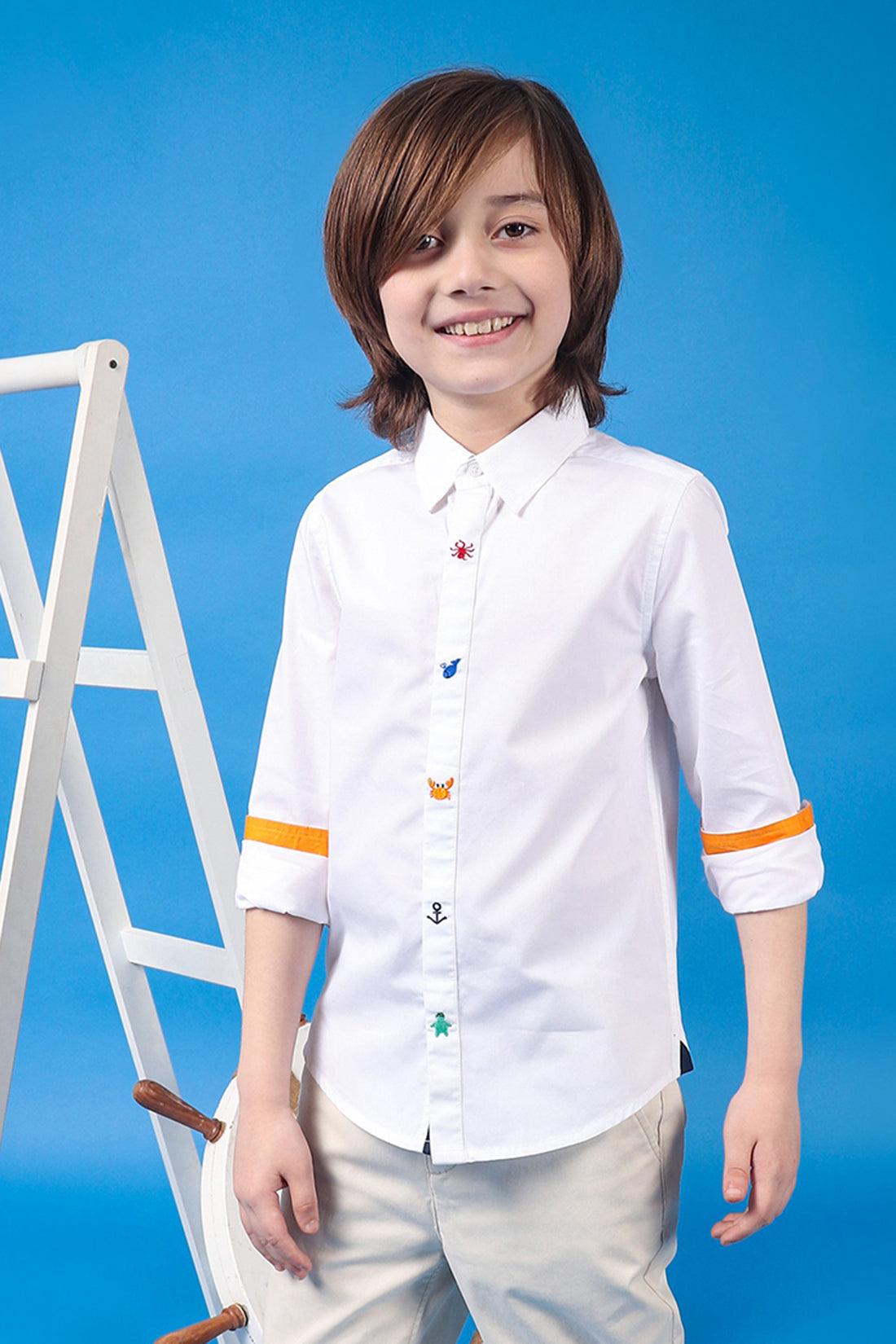 One Friday Kids Boys White Cotton Full Sleeves Embroidered Shirt