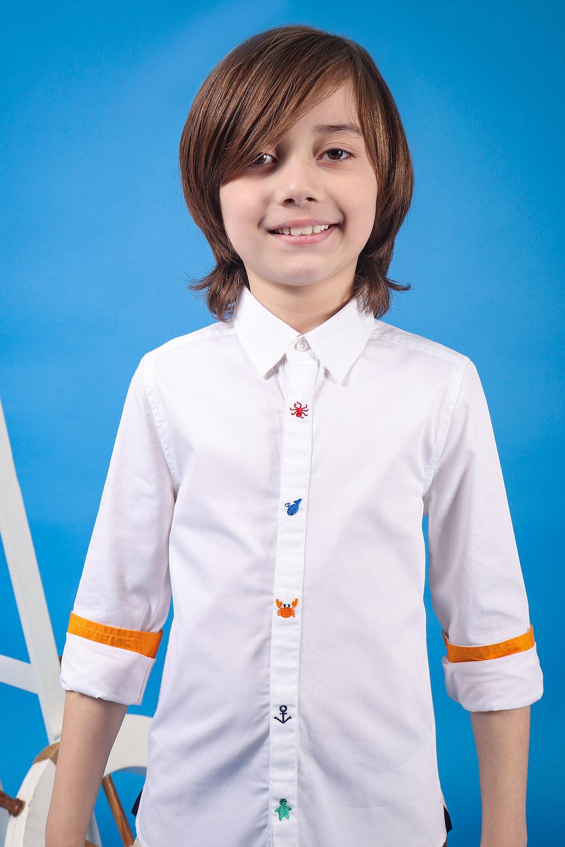 One Friday Kids Boys White Cotton Full Sleeves Embroidered Shirt