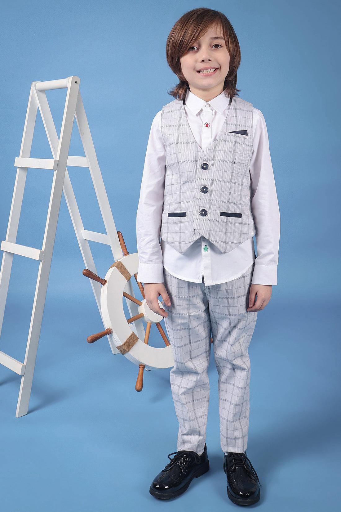 One Friday Kids Boys 100% Cotton Grey Check Waistcoat With Front Pockets
