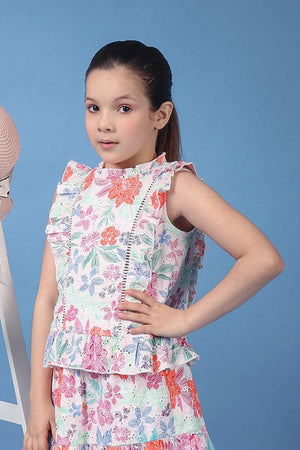 One Friday Kids Girls Beige Printed Lace Detailed Top With Frills and Neck Band