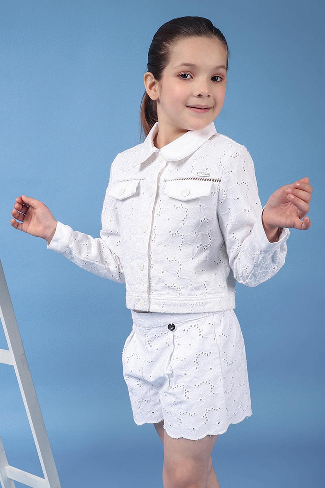 One Friday Kids Girls 100% Cotton White Schiffli Jacket With Lace