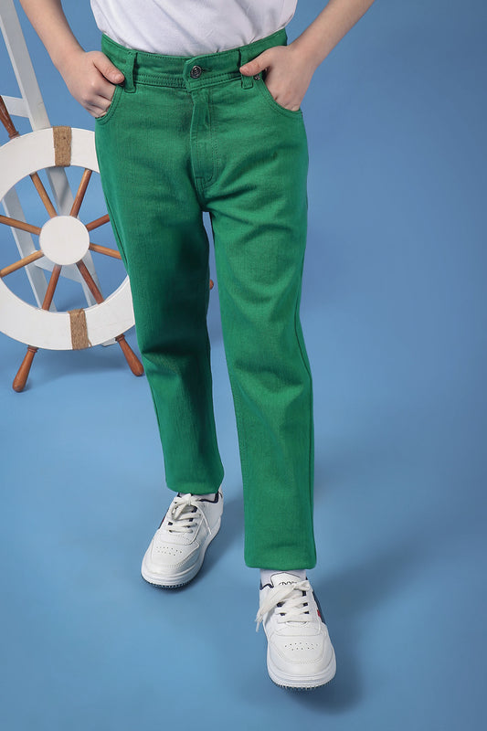 Kids Boys Green Embroidered Jeans