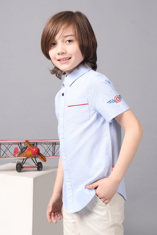 Kids Boys 100% Cotton Short Sleeve Blue Shirt With Bow-Tie and Marvel Embroidery