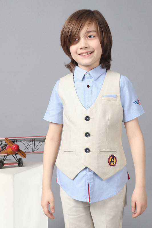 Kids Boys Beige 100% Cotton Waistcoat with Avengers Embroidery