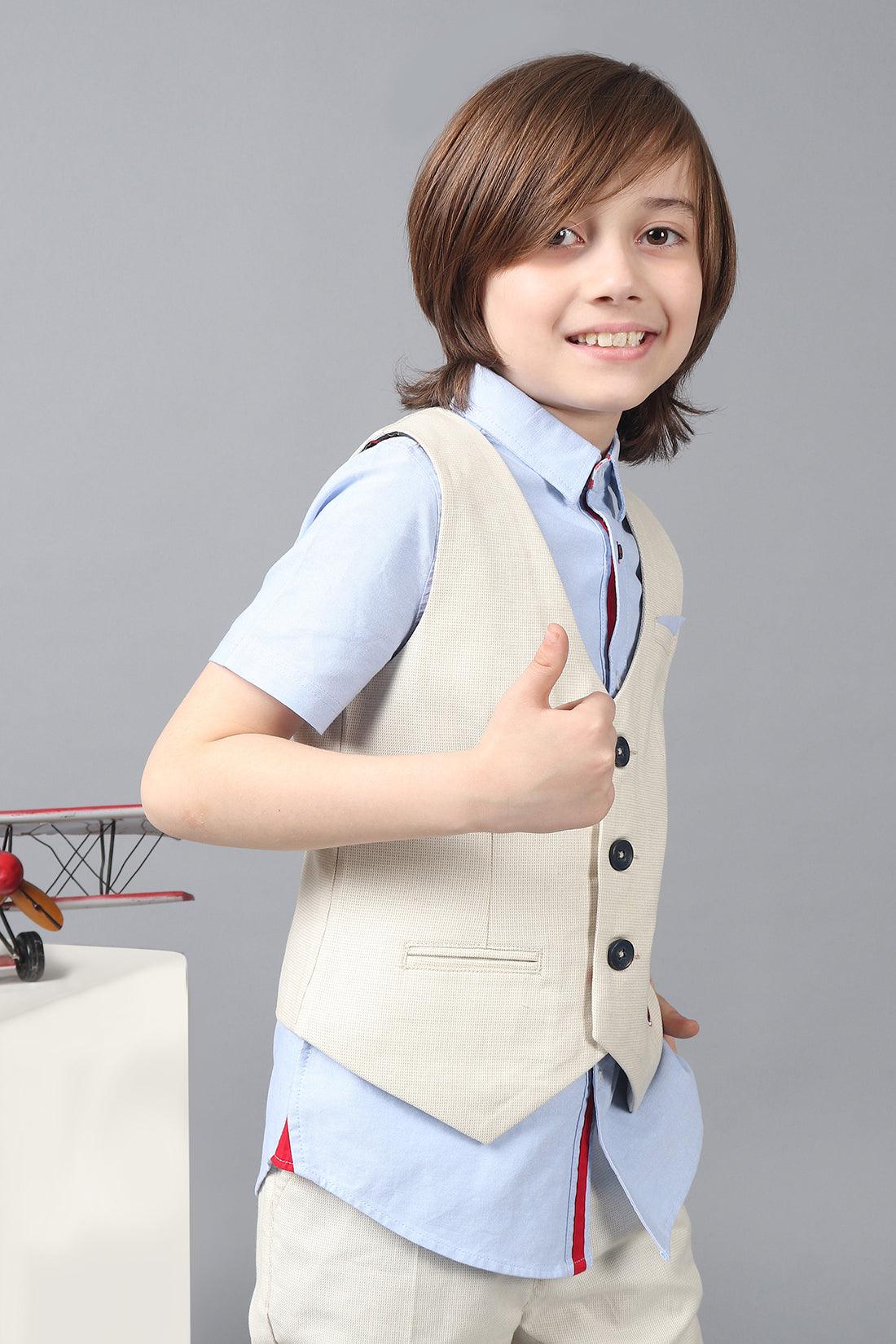 One Friday Kids Boys Beige 100% Cotton Waistcoat with Avengers Embroidery - One Friday World