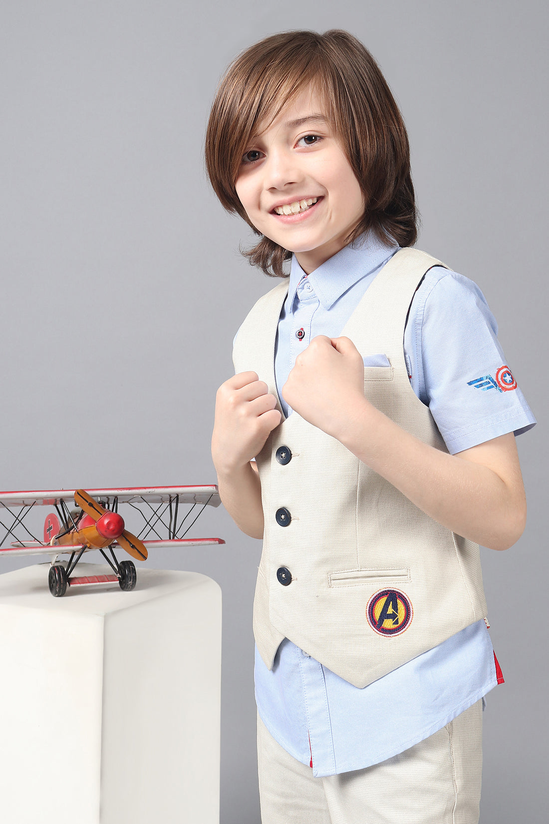 One Friday Kids Boys Beige 100% Cotton Waistcoat with Avengers Embroidery