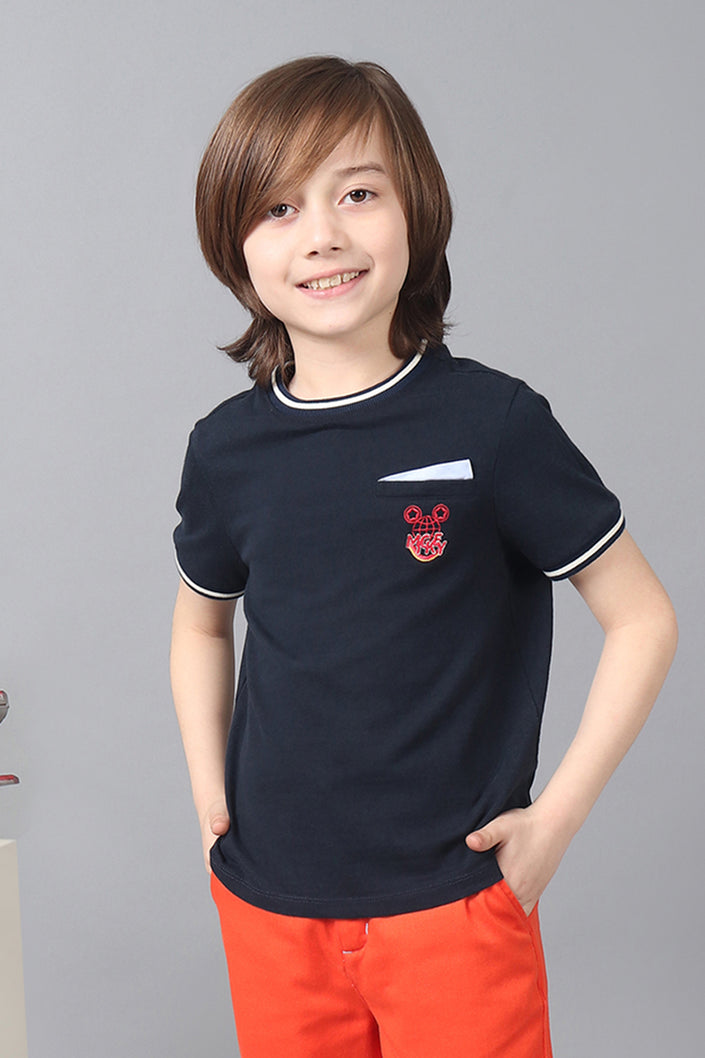 One Friday Kids Boys Navy Blue Round Neck Mickey Embroidered T-Shirt