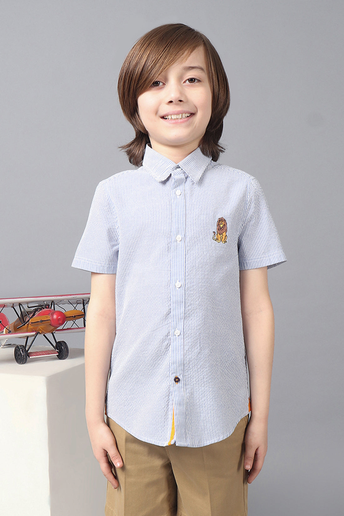 One Friday Kids Boys Blue Stripes Half Sleeves Shirt Lion King Embroidery