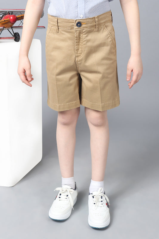 Kids Boys Khaki Cotton Knee Length Short with Embroidery