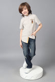 One Friday Kids Boys Grey Mandarin Collar Cotton Shirt Lion King Embroidered