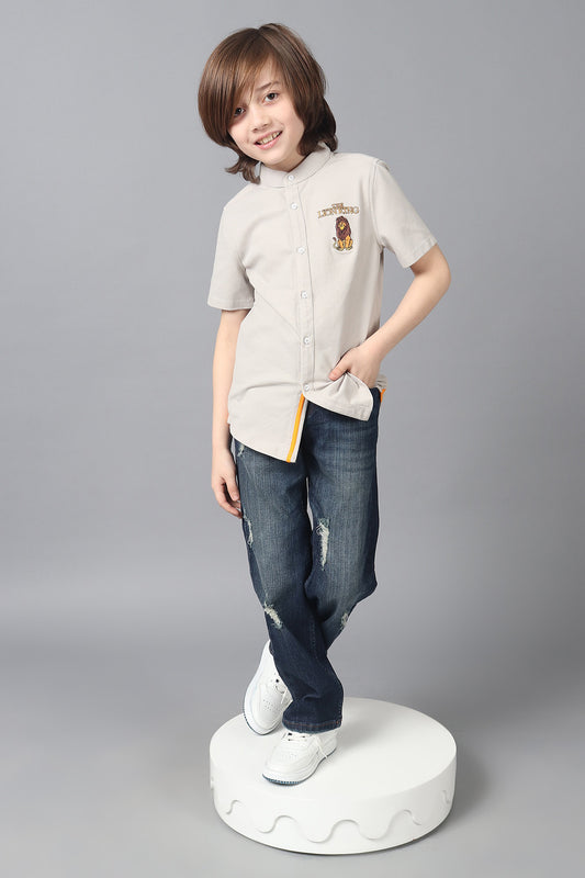 Kids Boys Grey Mandarin Collar Cotton Shirt Lion King Embroidered