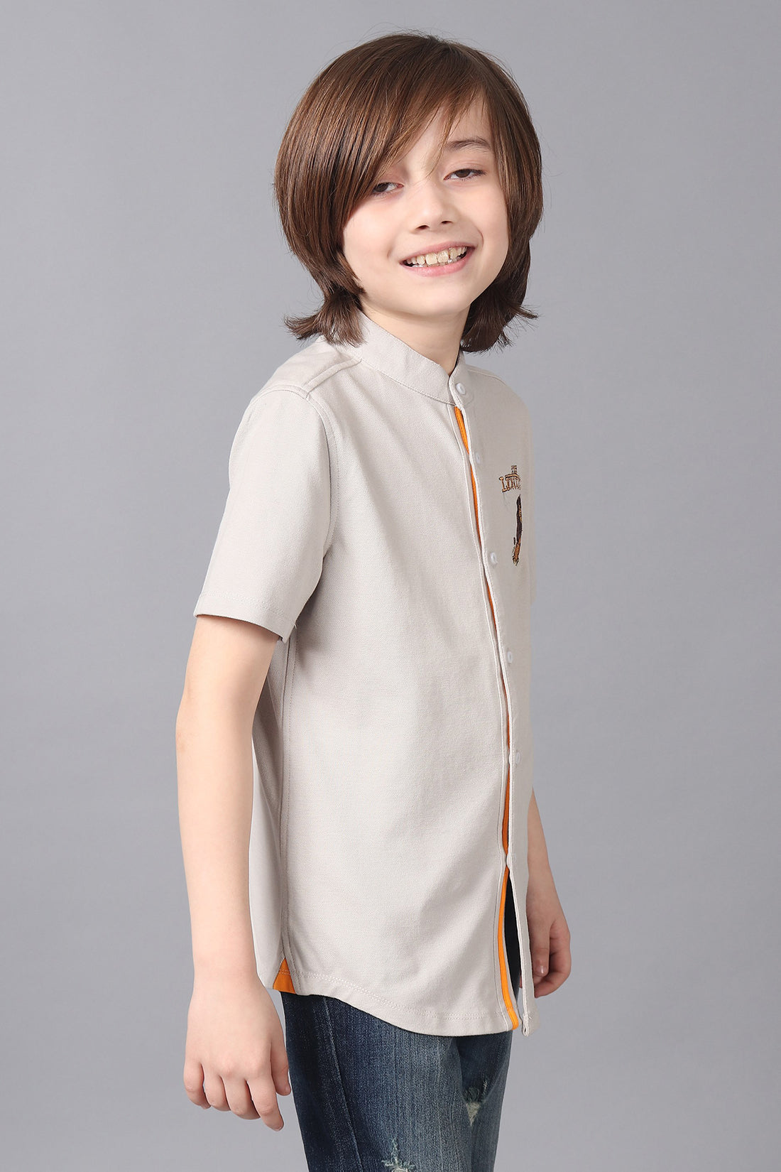 One Friday Kids Boys Grey Mandarin Collar Cotton Shirt Lion King Embroidered