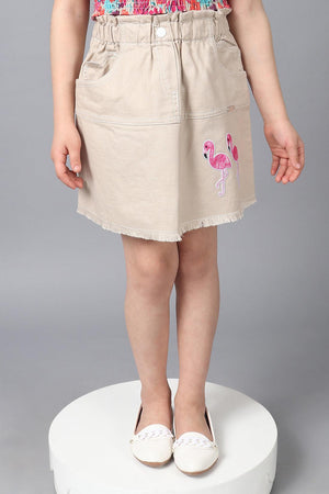 One Friday Kids Girls Beige Cotton Straight Fit Embroidered Skirt - One Friday World