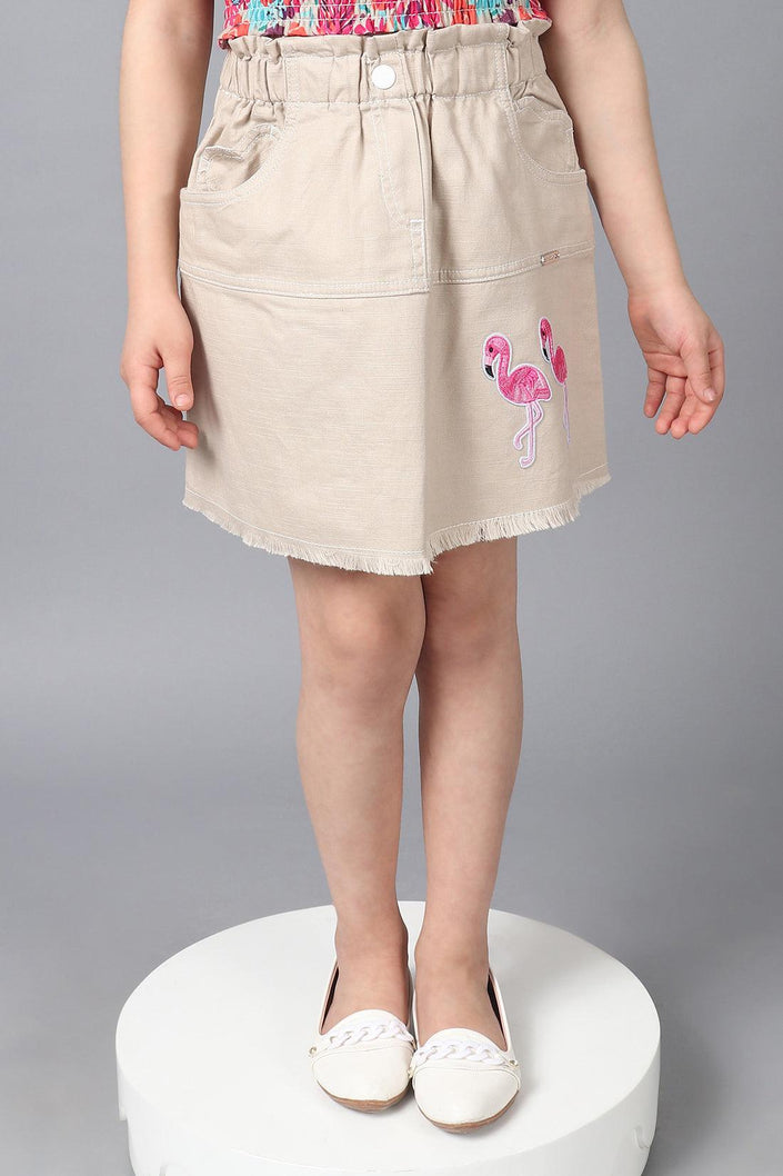 One Friday Kids Girls Beige Cotton Straight Fit Embroidered Skirt
