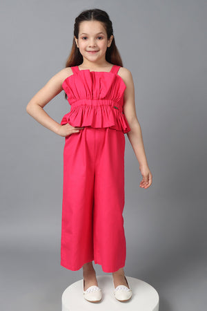 One Friday Kids Girls Pink Cotton Square Shape Full Jumpsuit