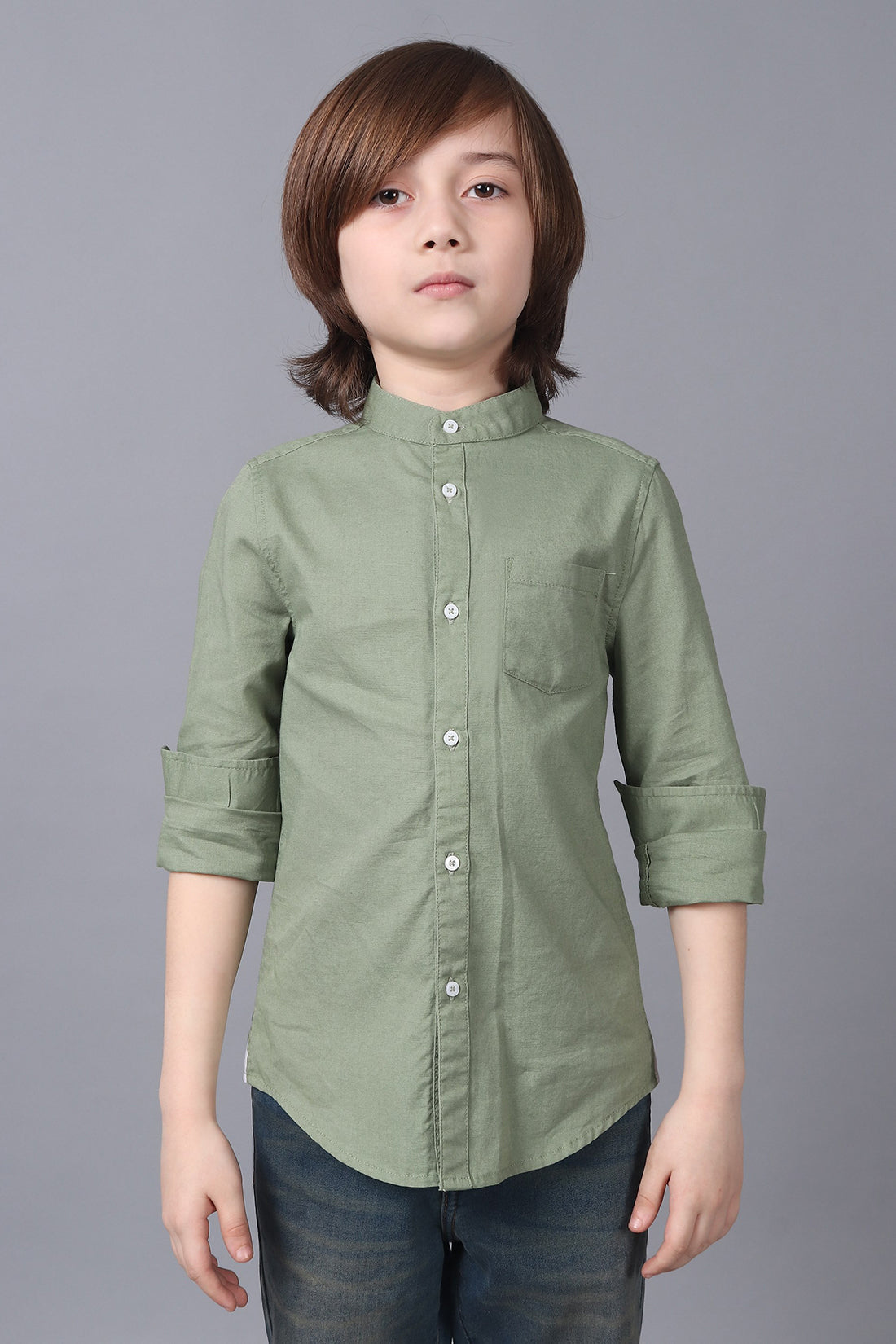 One Friday Kids Boys Green 100% Cotton Band Collar Full Sleeves Patch Pocket Shirt
