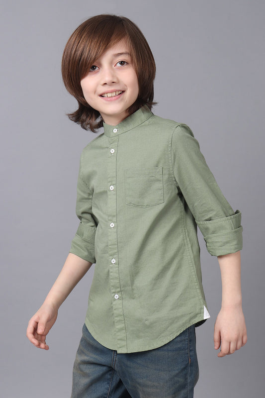 Kids Boys Green 100% Cotton Band Collar Full Sleeves Patch Pocket Shirt