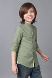One Friday Kids Boys Green 100% Cotton Band Collar Full Sleeves Patch Pocket Shirt